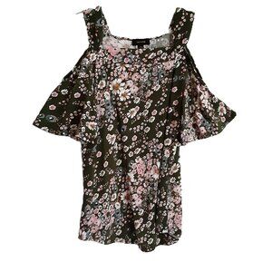 Espresso Misses Blouse MED Cold Shoulder Whimsical Fairy Floral Short Sleeve
